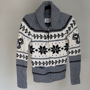 TNA Shawl Collar Fair Isle Zip-Up Cardigan - Gray & White